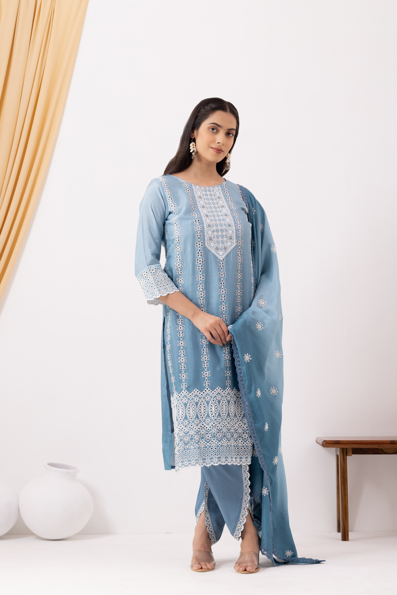 Blue Chikankari Kurta with Tulip Pants Set