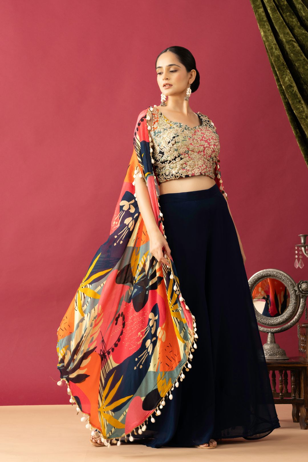 Blue Pallazzo Set with Multicolor Cape