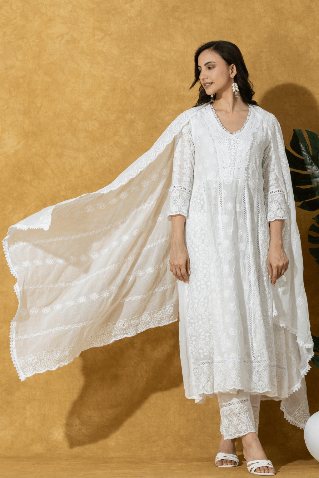 Ivory Embroidered Chikankari  Anarkali Suit Set