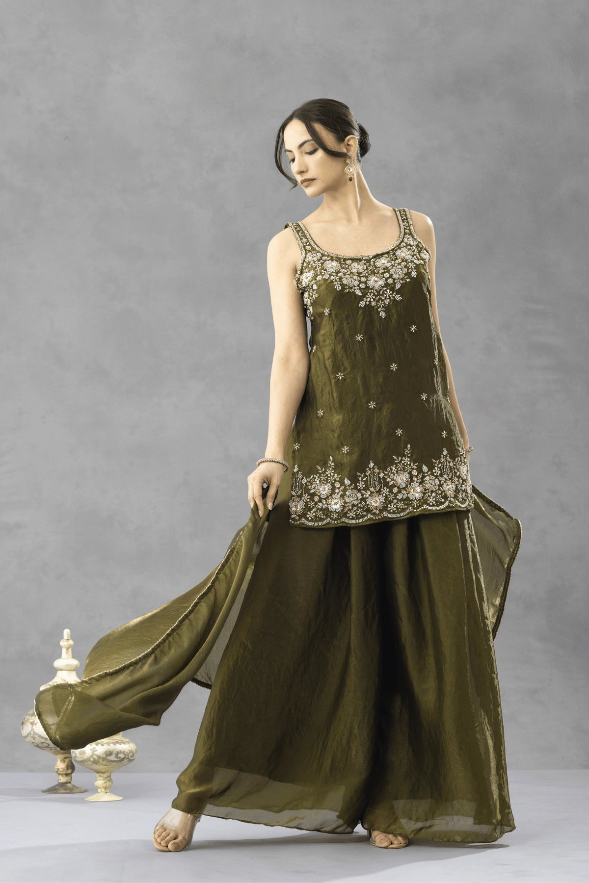 Deep Olive Green Embroidered Kurta Palazzo Set