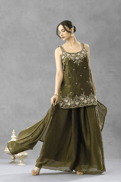Deep Olive Green Embroidered Kurta Palazzo Set