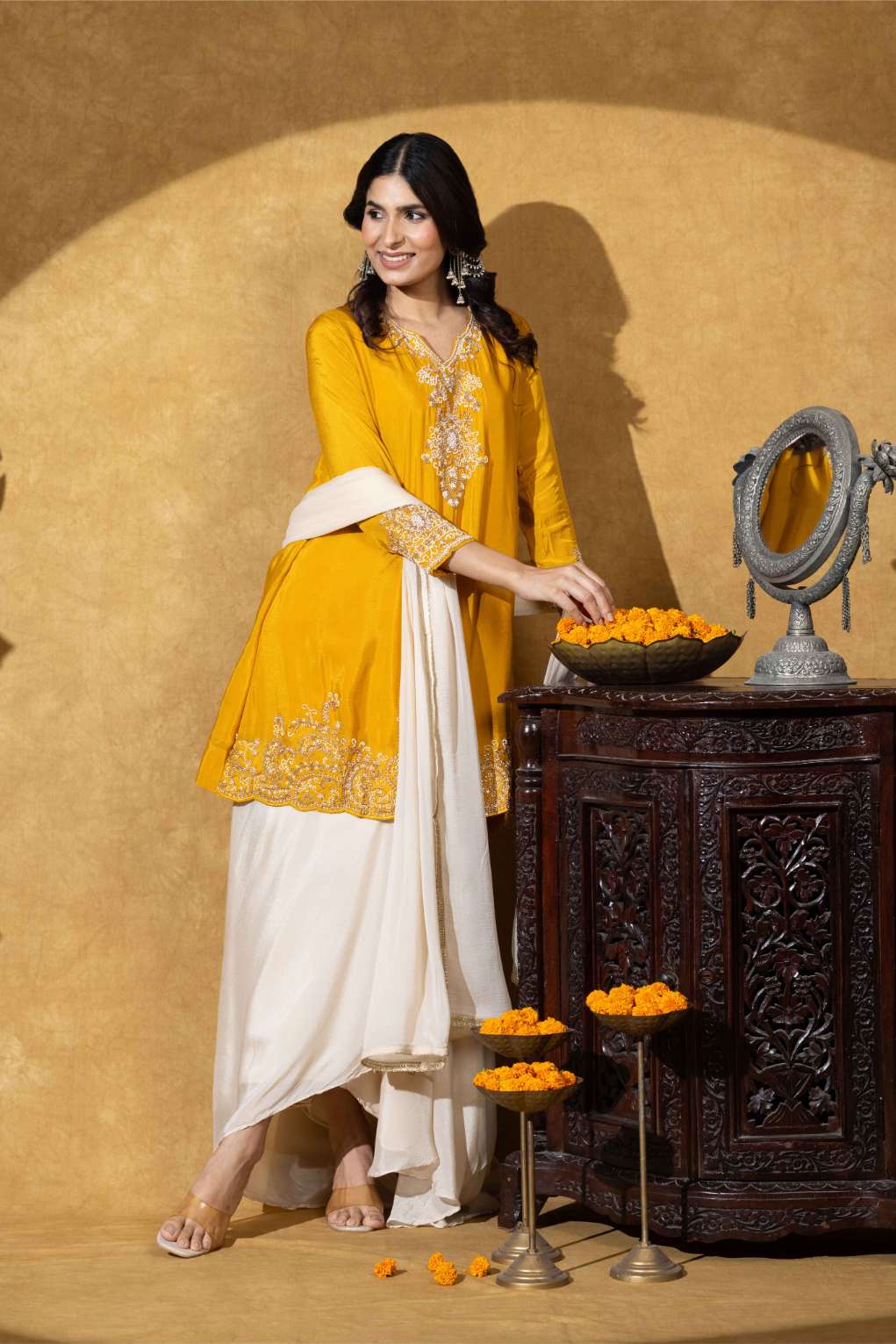 Golden Yellow Embroidered Kurta with Pleated Dhoti Skirt Set