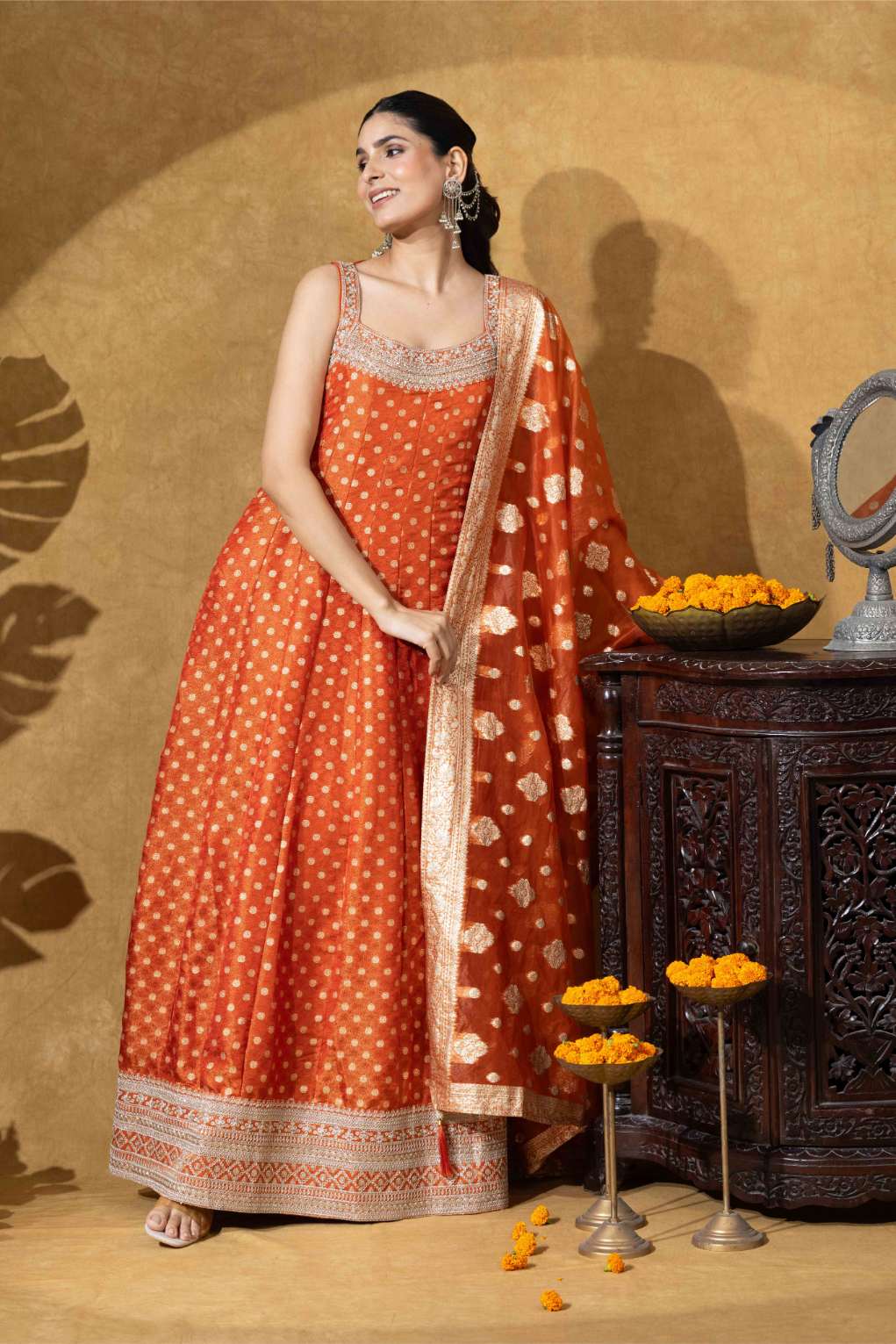 Coral Orange Printed Embellished Anarkali