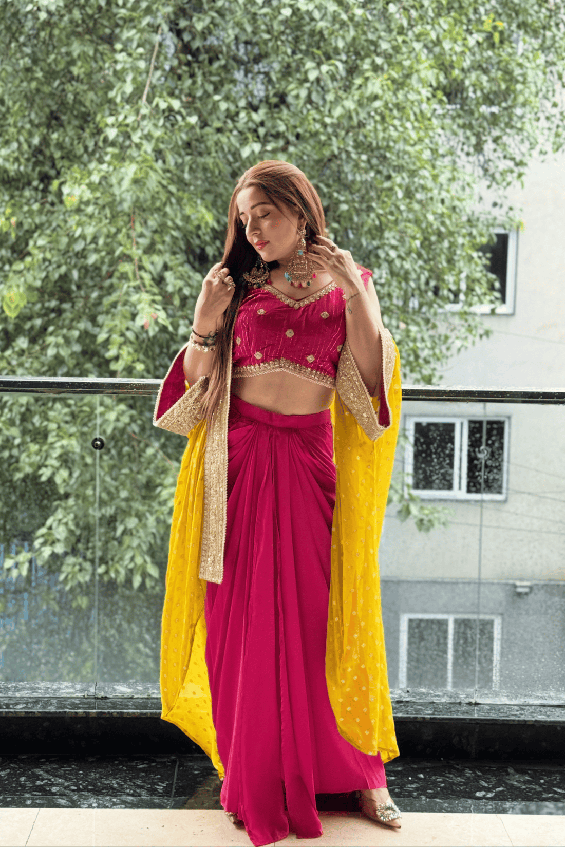 Magenta Draped Skirt Set with Embellished Blouse &amp; Yellow Cape