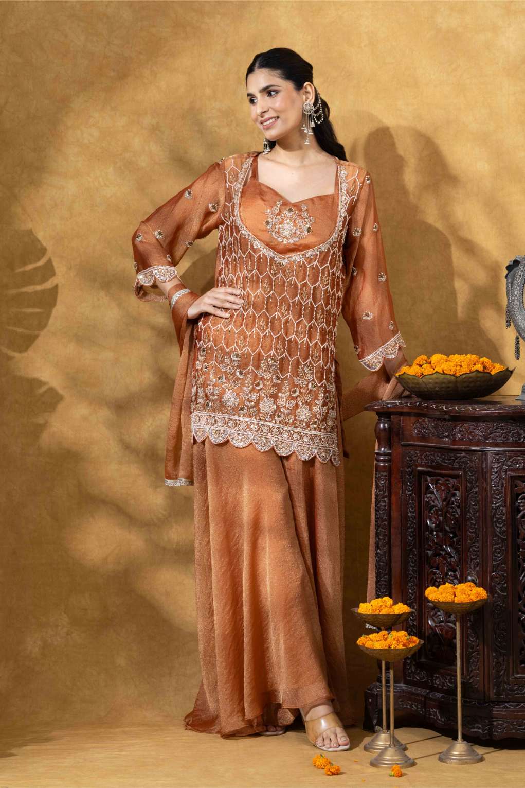 Rust Orange Embroidered Kurta Palazzo Set