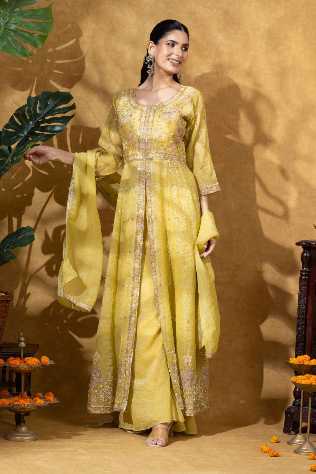 Golden Yellow Embroidered Anarkali Set with Pants &amp; Dupatta