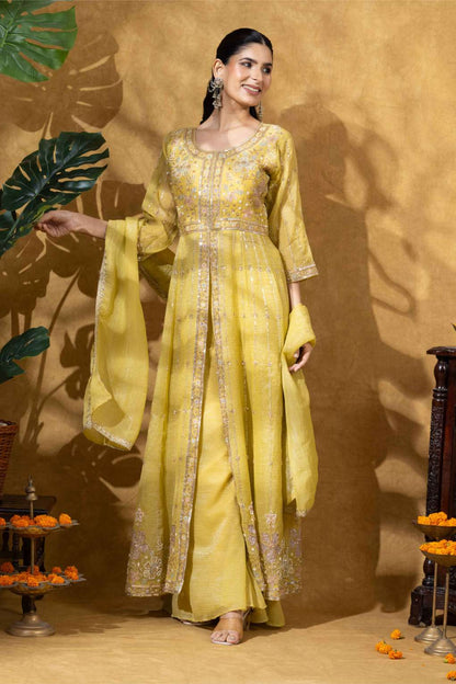 Golden Yellow Embroidered Anarkali Set with Pants &amp; Dupatta