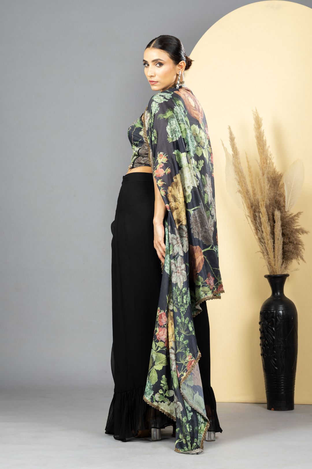 Black Floral Print Drape Skirt, Choli &amp; Cape Set