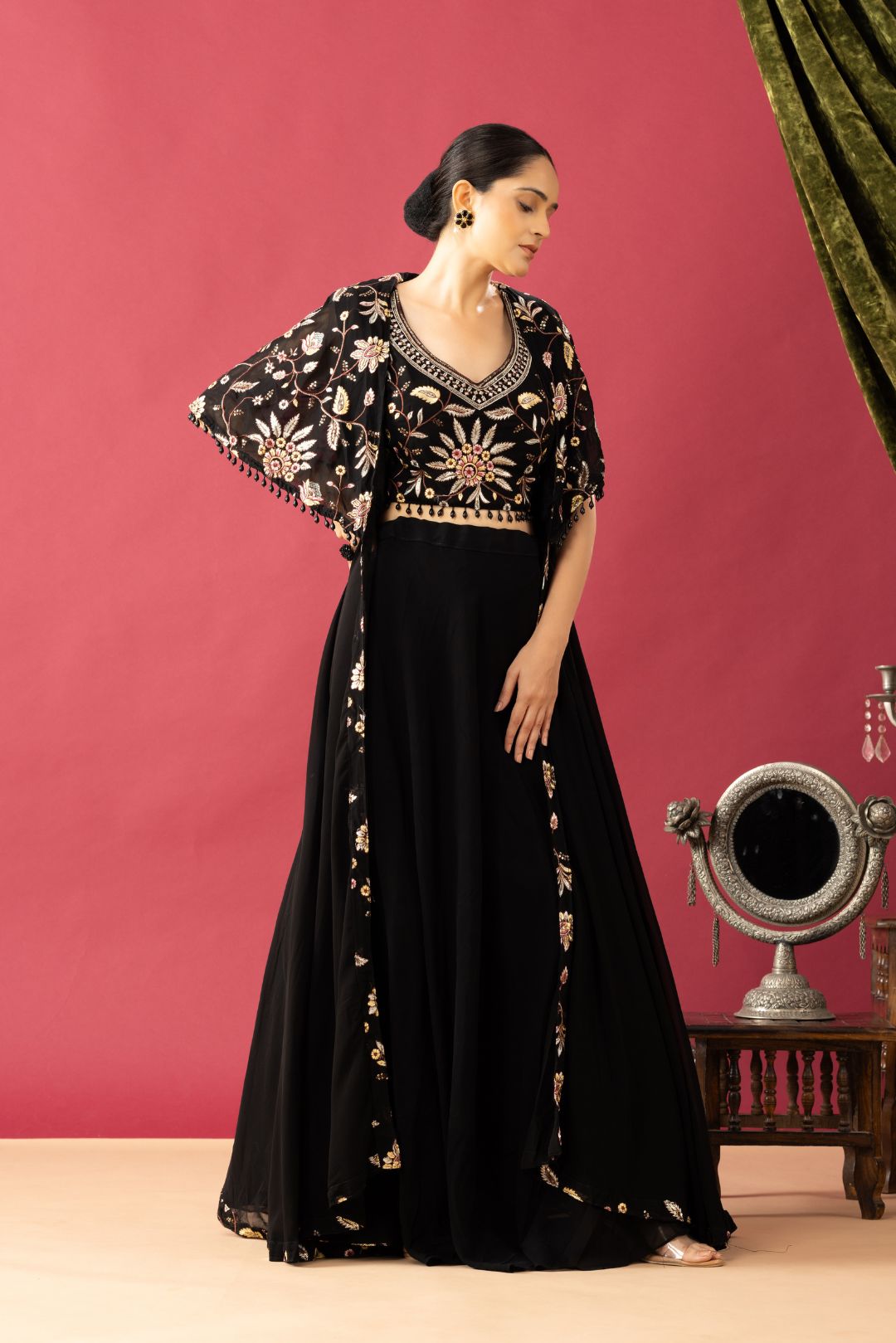 Embroidered Black Lehenga set in Cape Style