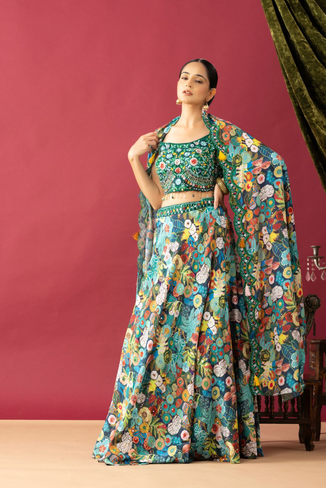 Green Tropical Printed Indo Western Lehenga Cape Set