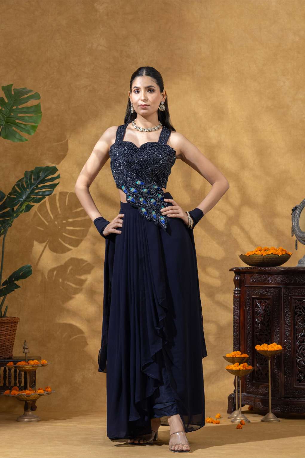 Blue Embellished Corset Draped Pleated Skirt Set