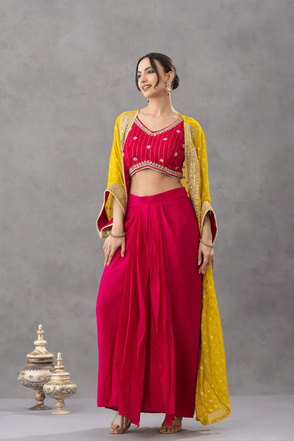 Magenta Pink Draped Skirt Set with Embellished Blouse &amp; Yellow Cape
