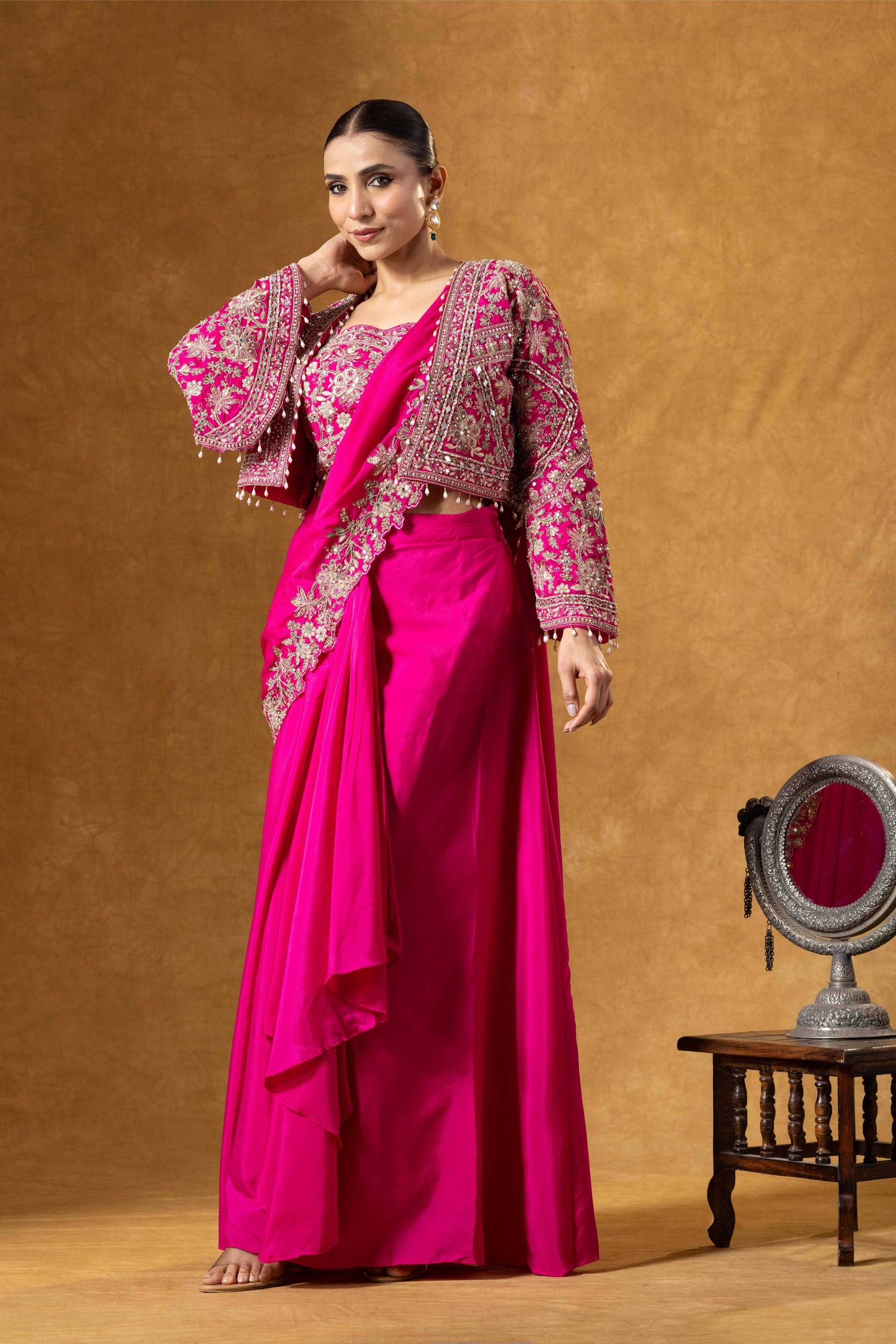 Fuchsia Royale Jacket Saree Set
