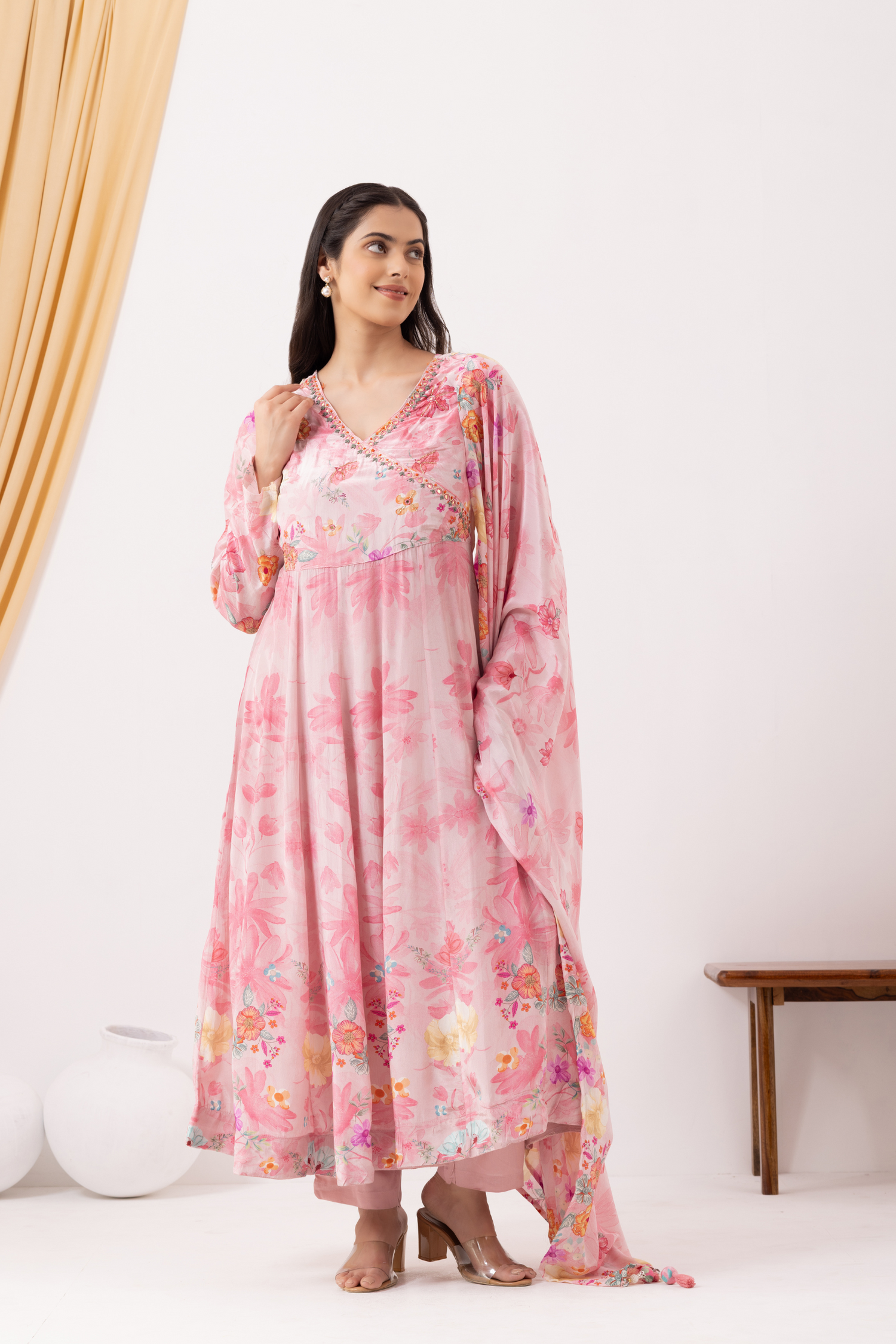 Pink Crepe Printed &amp; Hand Embroidered Angrakha  Style Anarkali Set