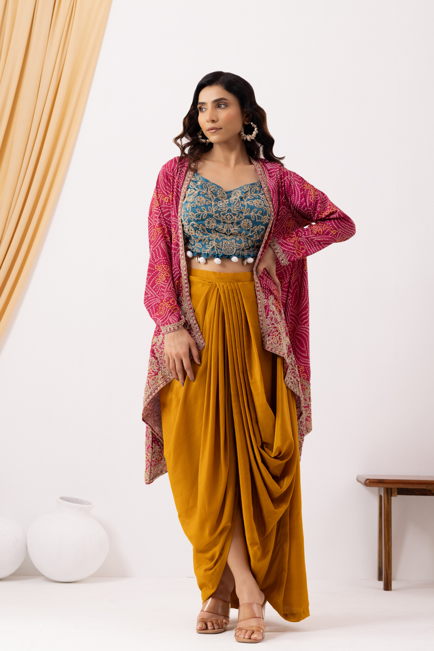 Yellow Draped Fusion Set with Bandhej Cape Set