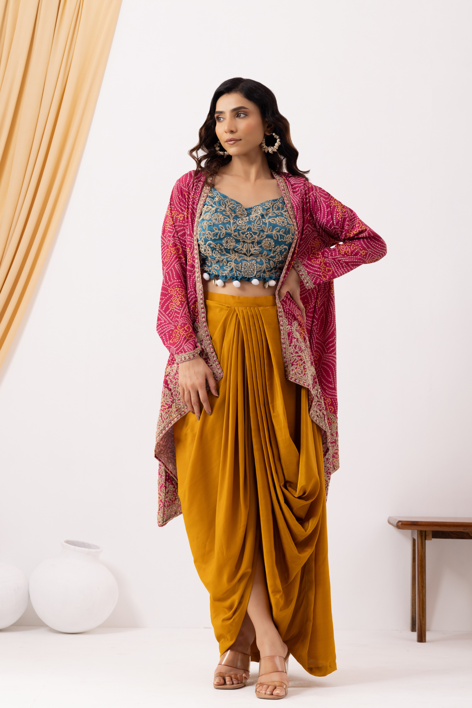 Yellow Draped Fusion Set with Bandhej Cape Set