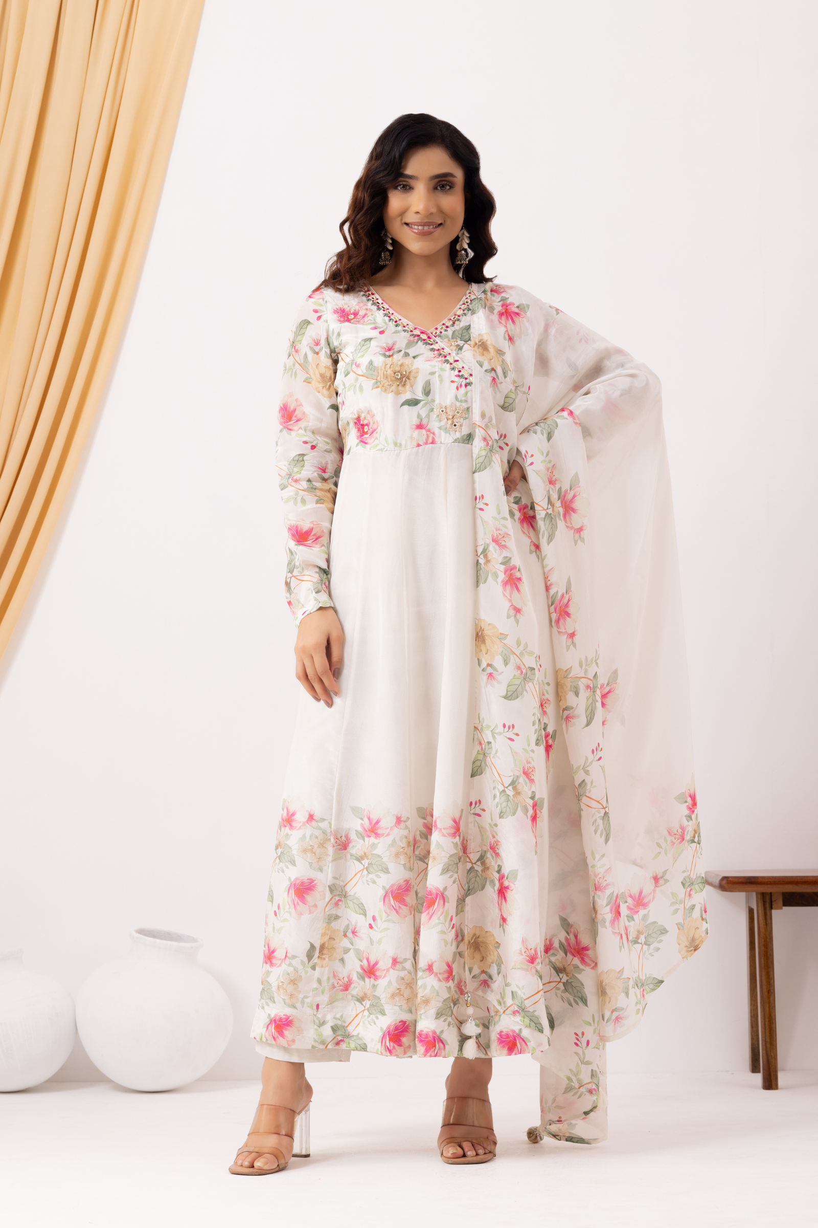 Pearl white Printed &amp; Hand Embroidered Anarkali Set