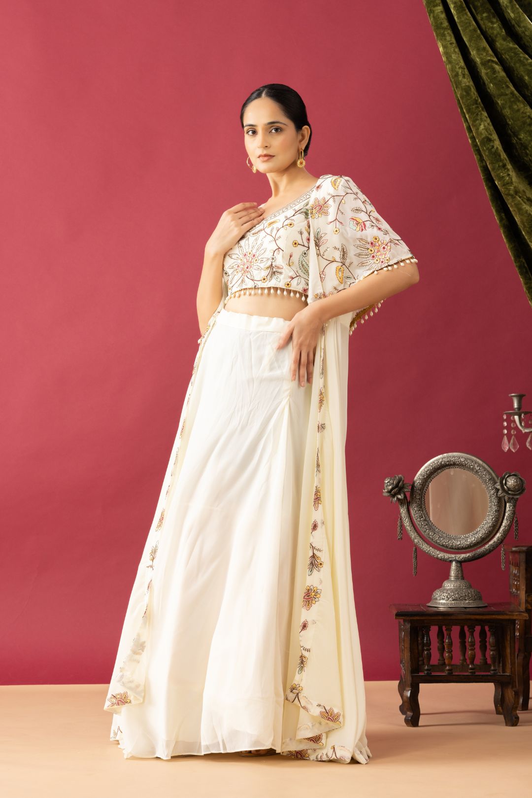 Embroidered White Lehenga set in Cape Style