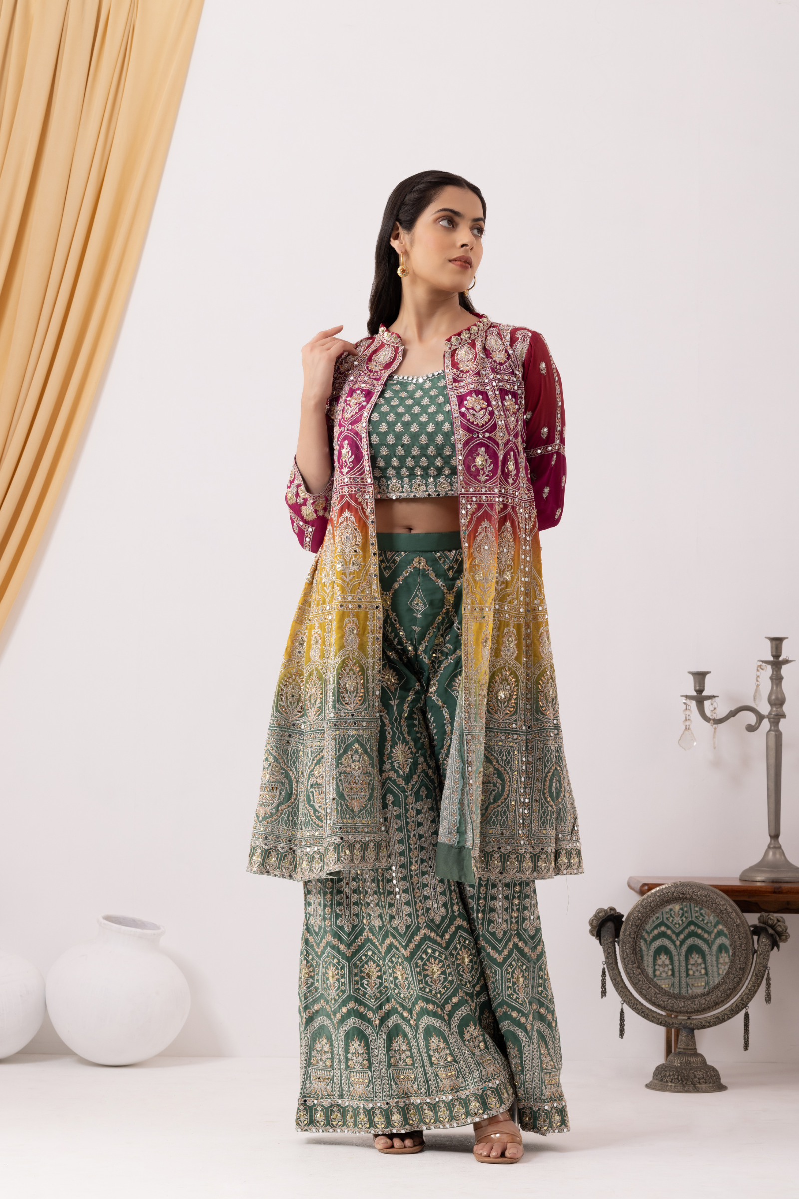 Georgette Dusty Green Designer Sharara Suit Set with Jacket