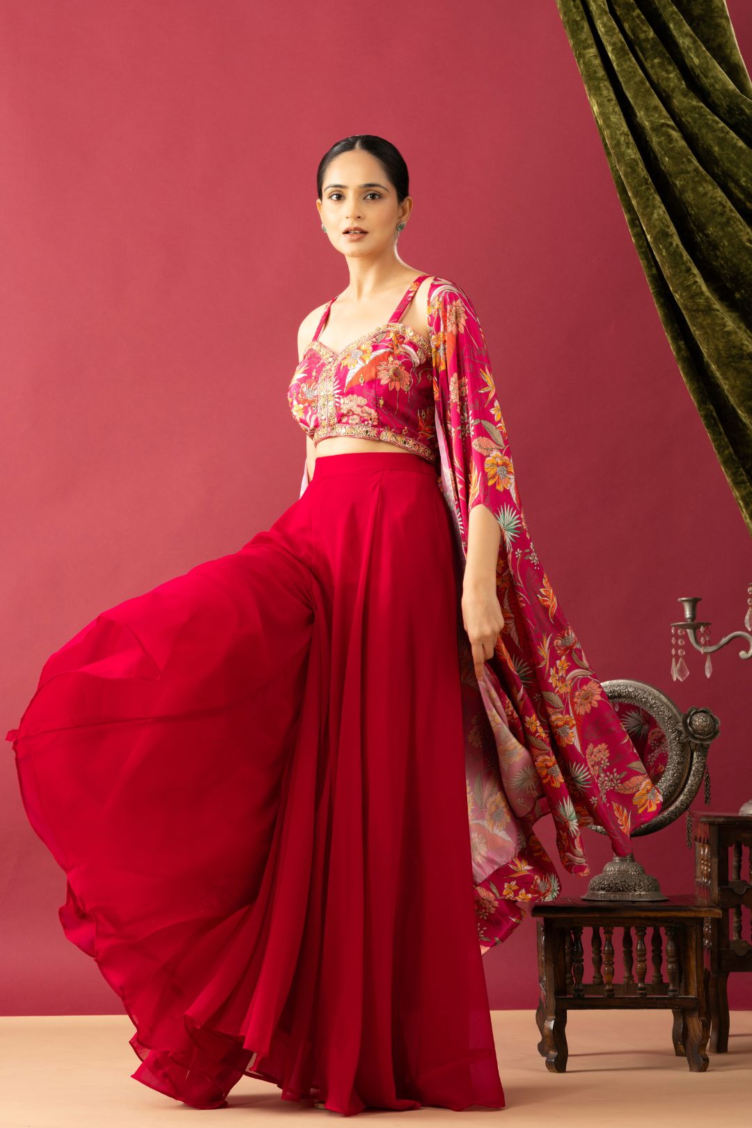 Pink Georgette Palazzo Set with Floral Cape