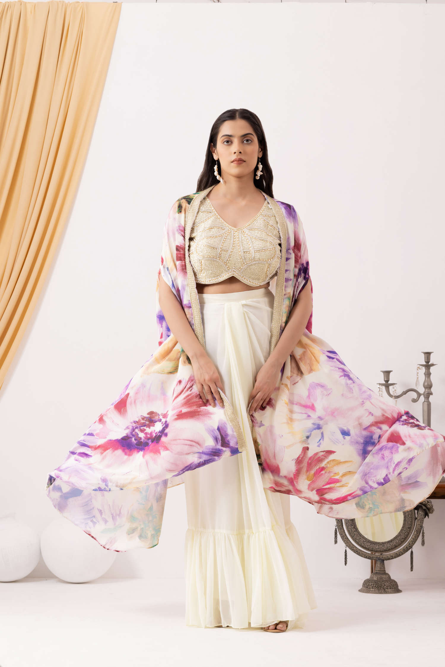 White Ruffle Drape Skirt with Crop Top &amp; Floral Print Cape Set