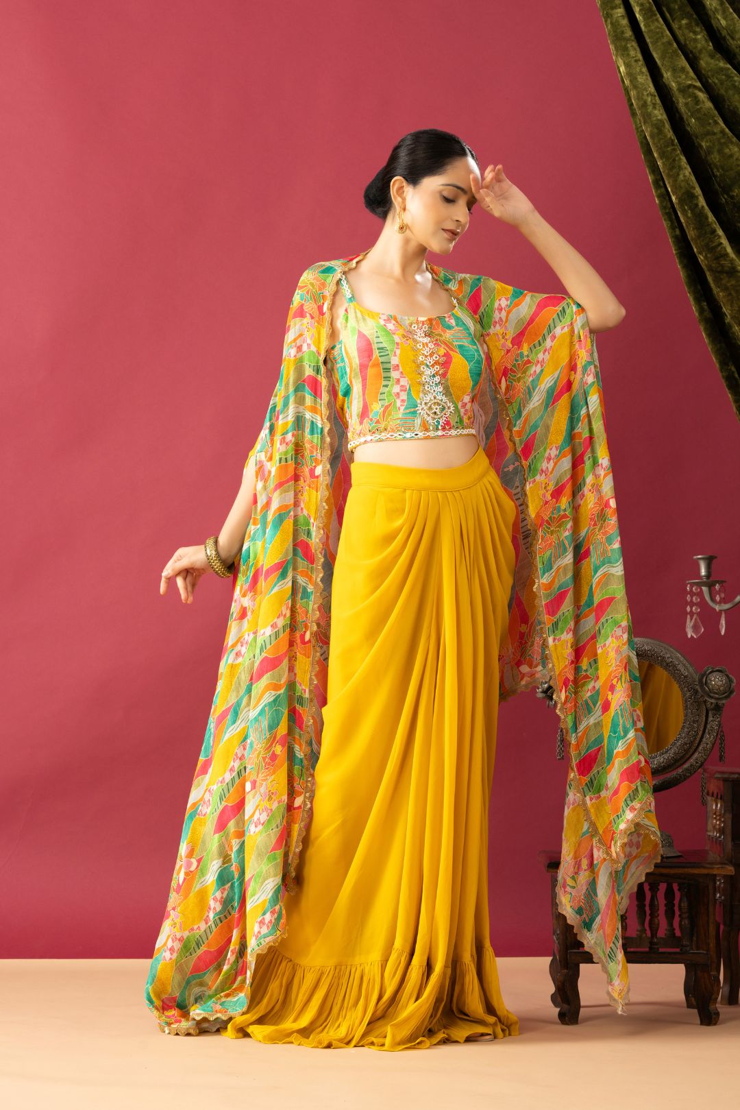 Mustard Yellow Cowl Skirt Set with Multicolor Cape