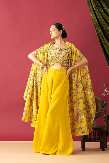 Indo Western Palazzo Set with Floral Printed Cape