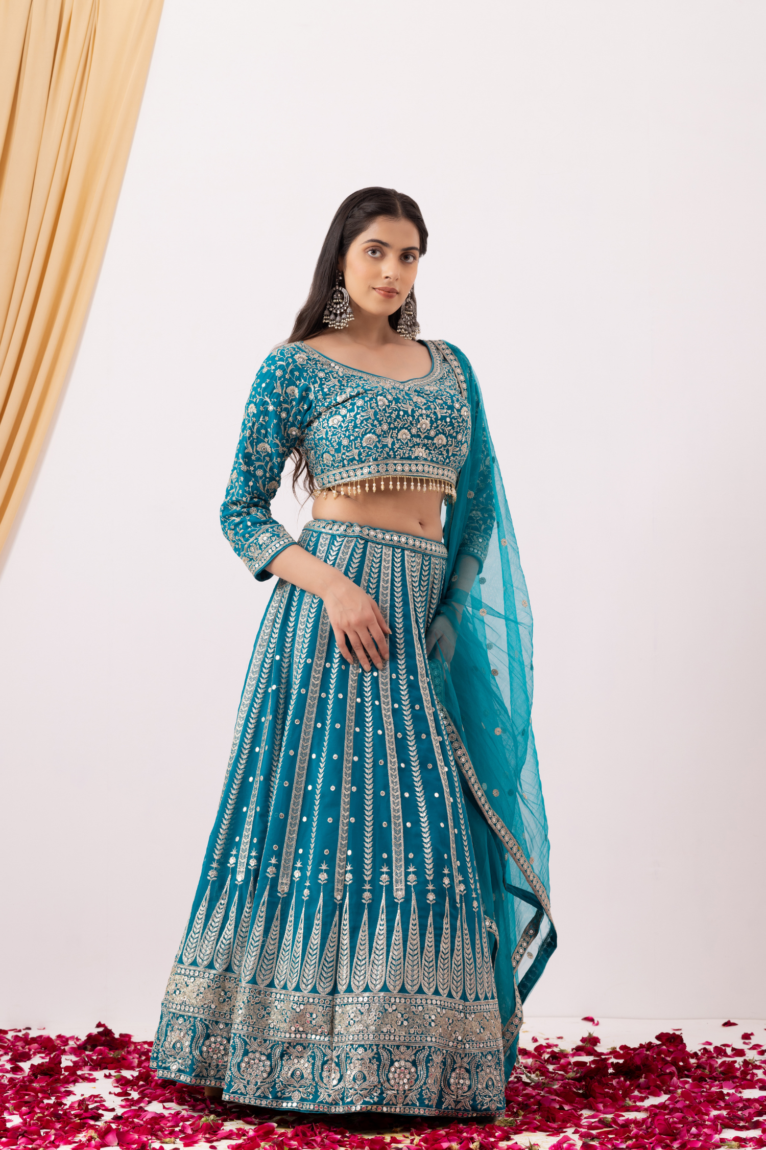 Turquoise Blue Lehenga Set with Zari Embellished Blouse and Embellished Cape