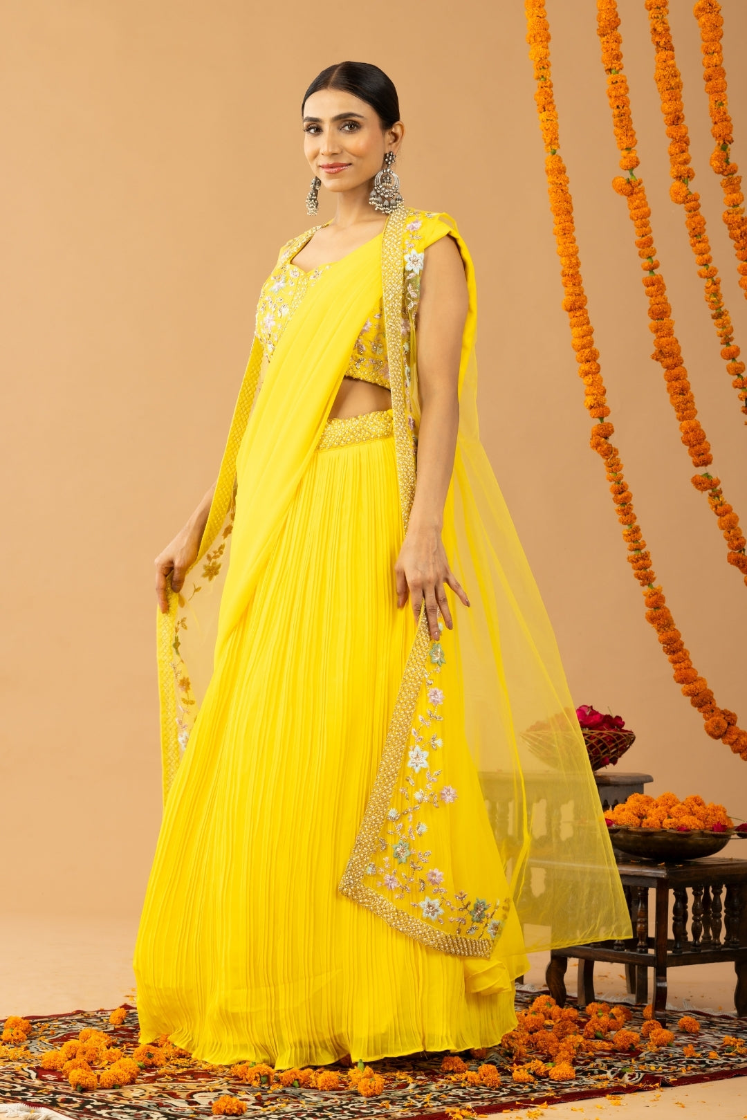 Mustard Yellow Georgette Draped Jacket Saree Set