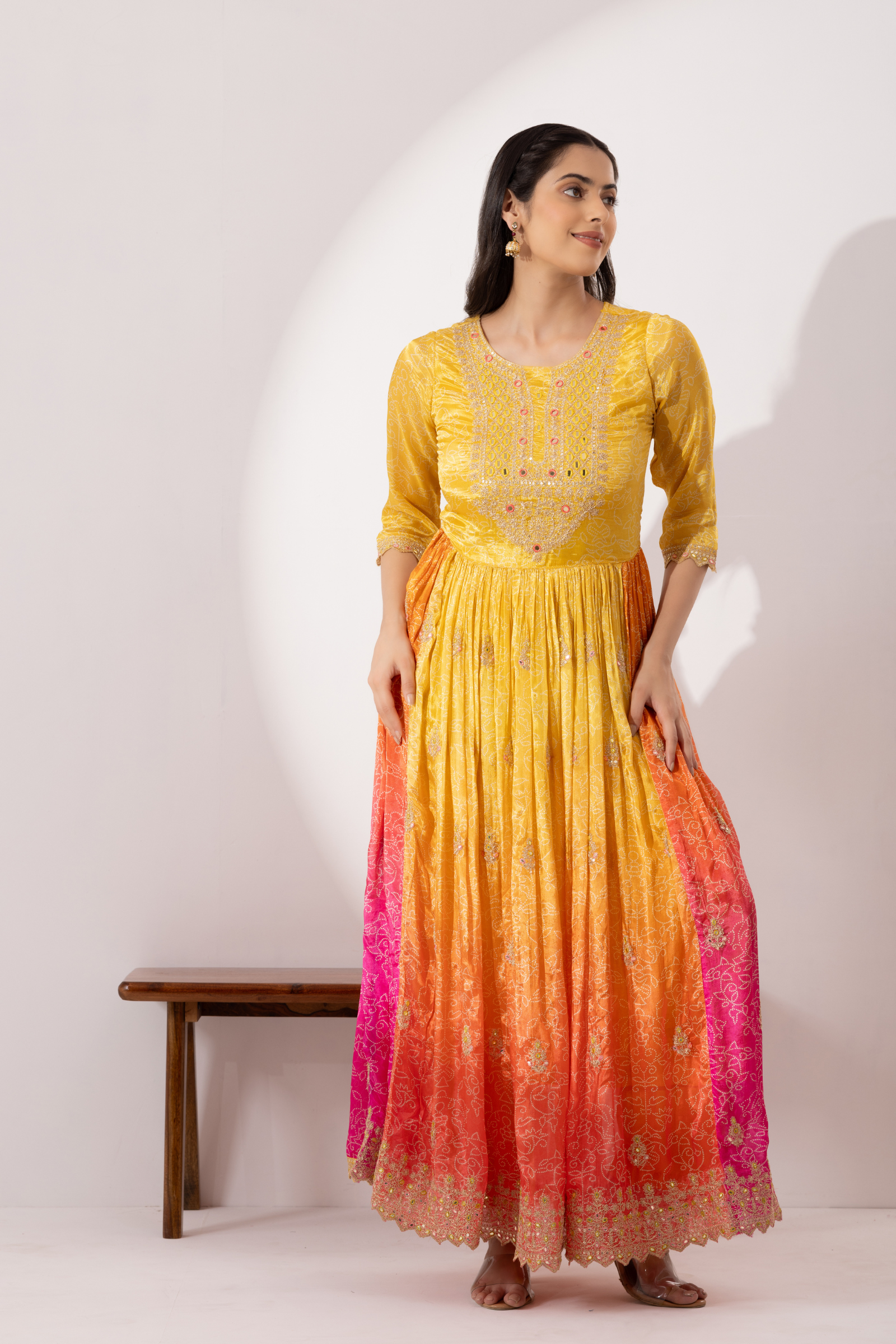 Yellow &amp; Pink Ombre Crepe Printed &amp; Hand Embroidered Anarkali Set