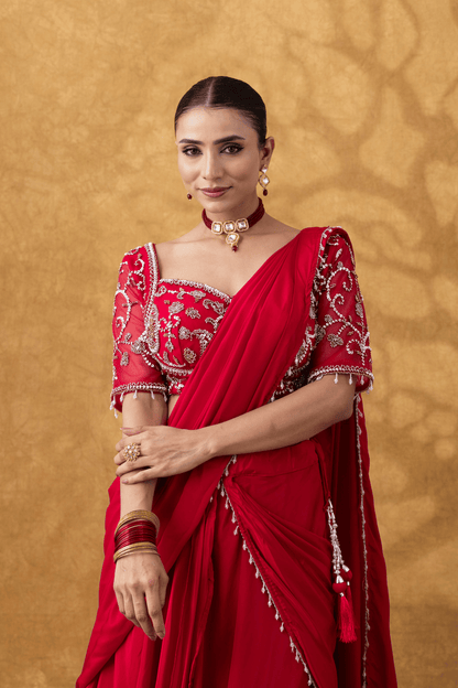 Magenta Pink Moti Work Pre-Drape Saree