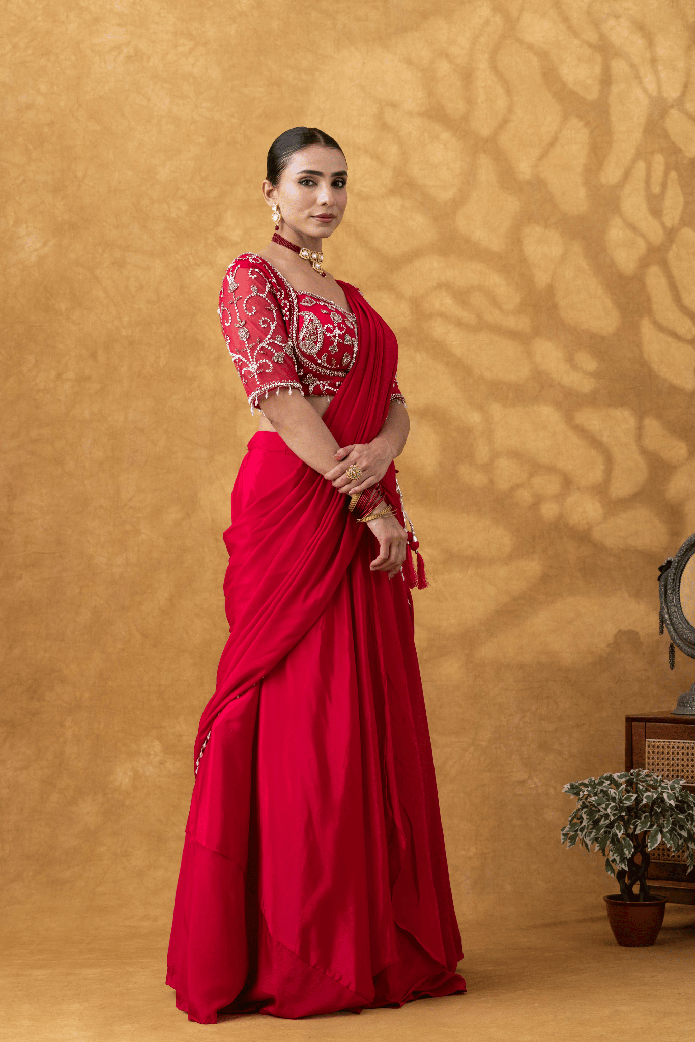 Magenta Pink Moti Work Pre-Drape Saree