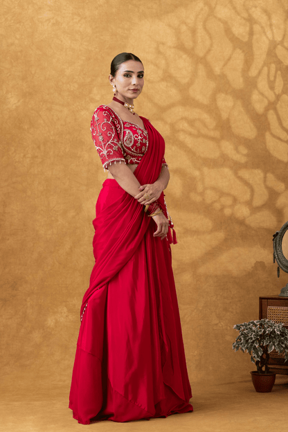 Magenta Pink Moti Work Pre-Drape Saree