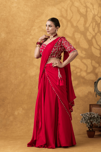 Magenta Pink Moti Work Pre-Drape Saree