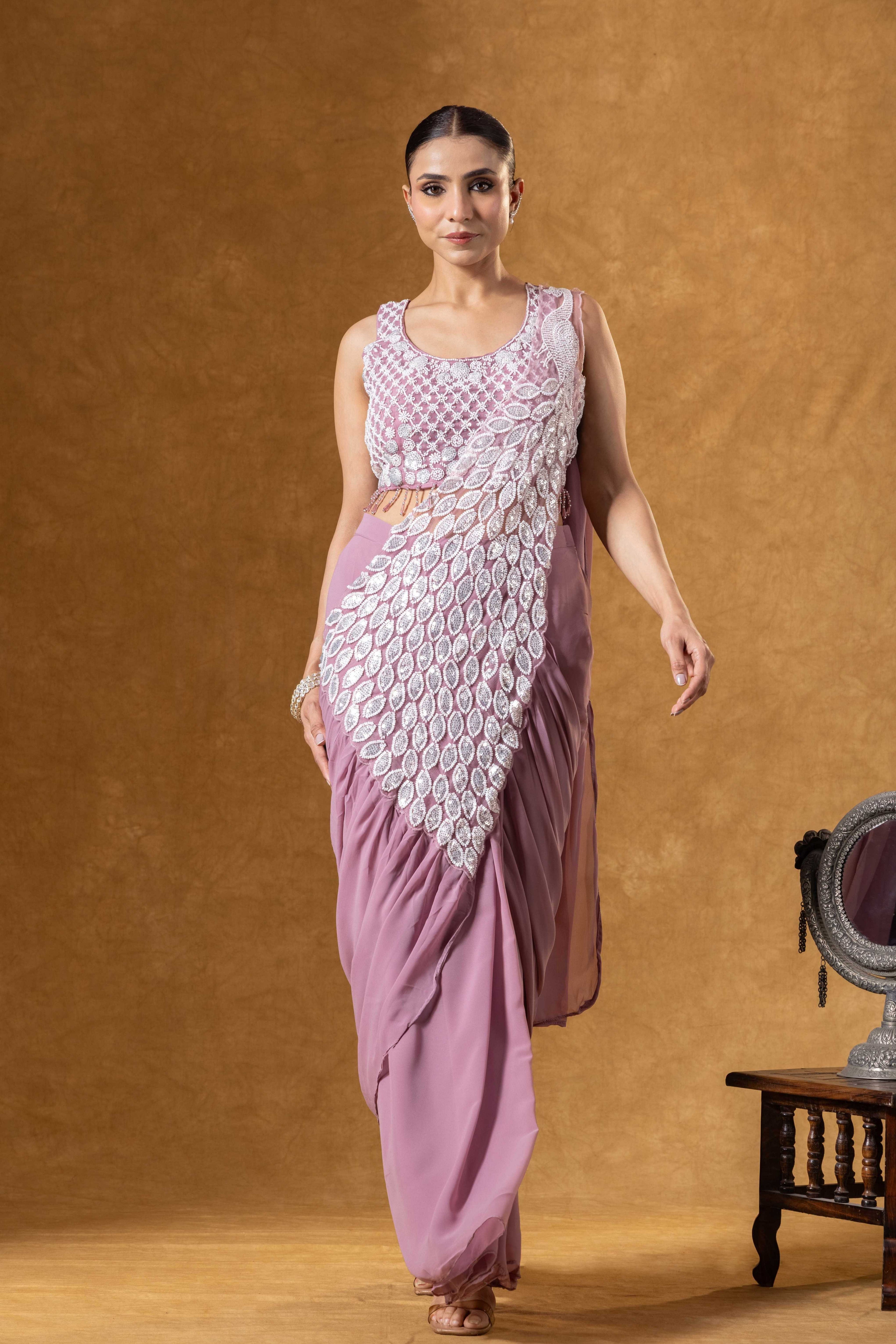 Soft Mauve Hand Embellished Saree