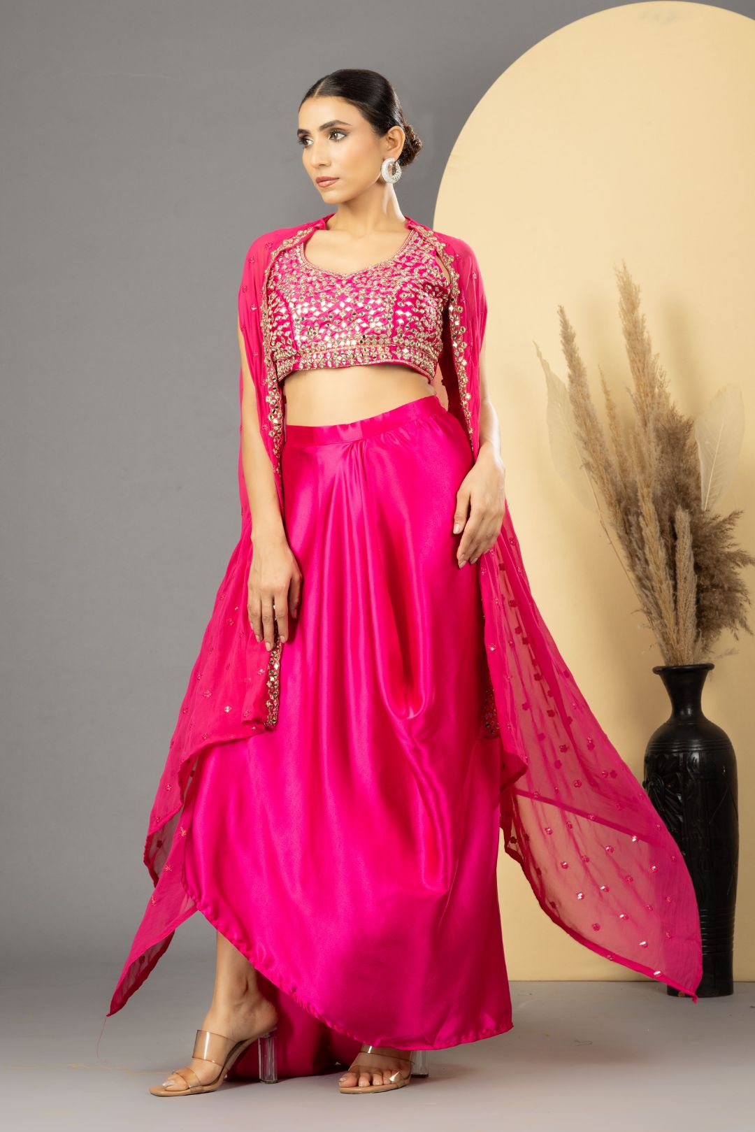 Pink Mirror Work Dhoti Skirt Set