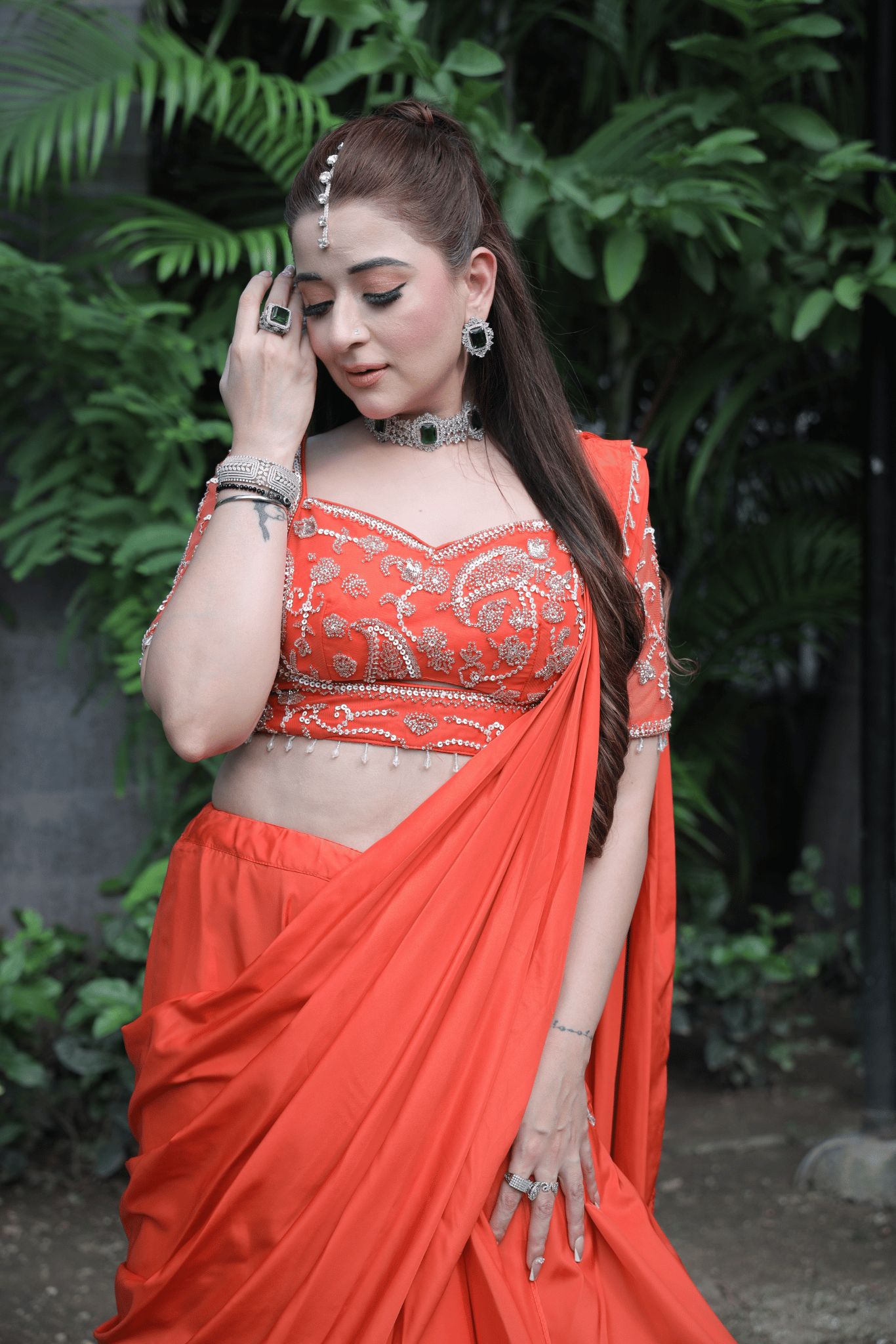 Orange Moti Work Pre-Drape Saree