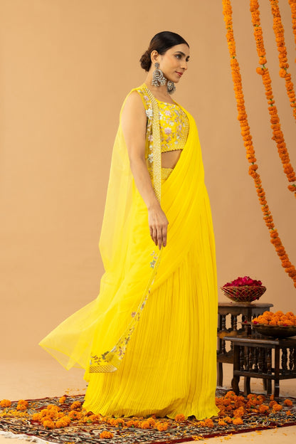 Mustard Yellow Georgette Draped Jacket Saree Set