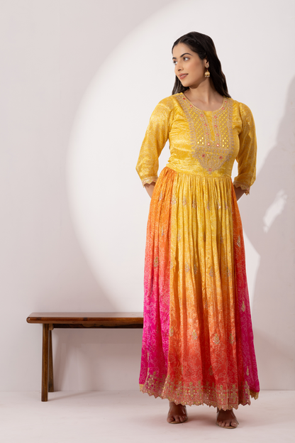 Yellow &amp; Pink Ombre Crepe Printed &amp; Hand Embroidered Anarkali Set