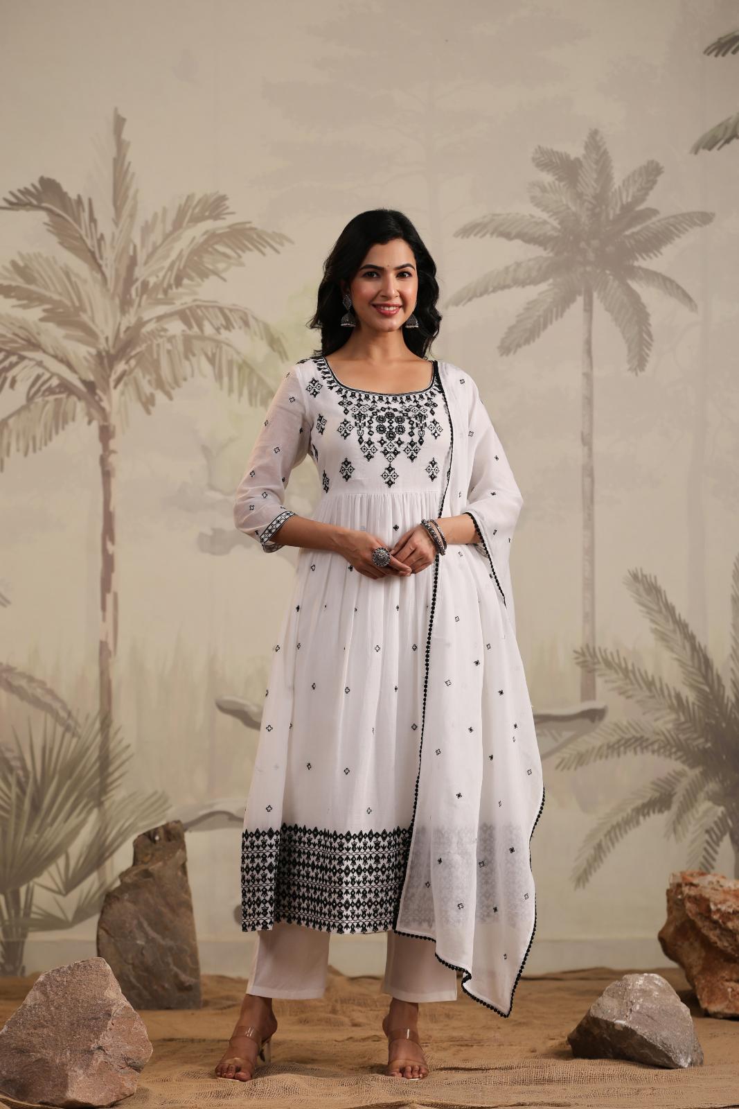 White Mulmul Embroidered Anarkali Suit Set With Dupatta