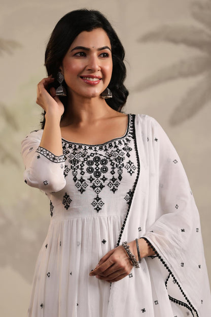 White Mulmul Embroidered Anarkali Suit Set With Dupatta