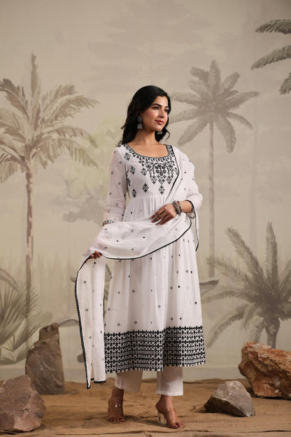 White Mulmul Embroidered Anarkali Suit Set With Dupatta