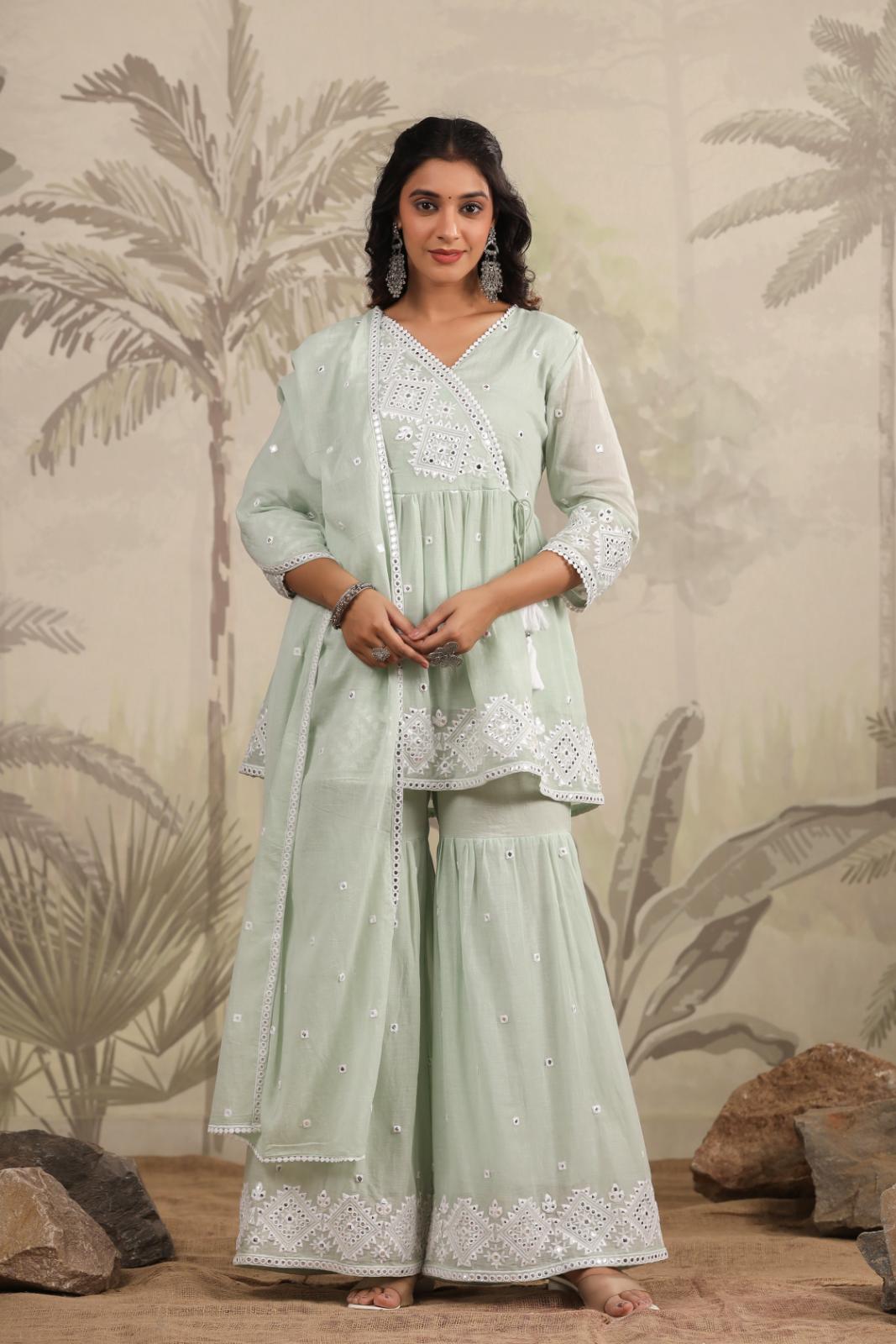 Pista Green Mulmul Mirror Embroidered Peplum Sharara Set