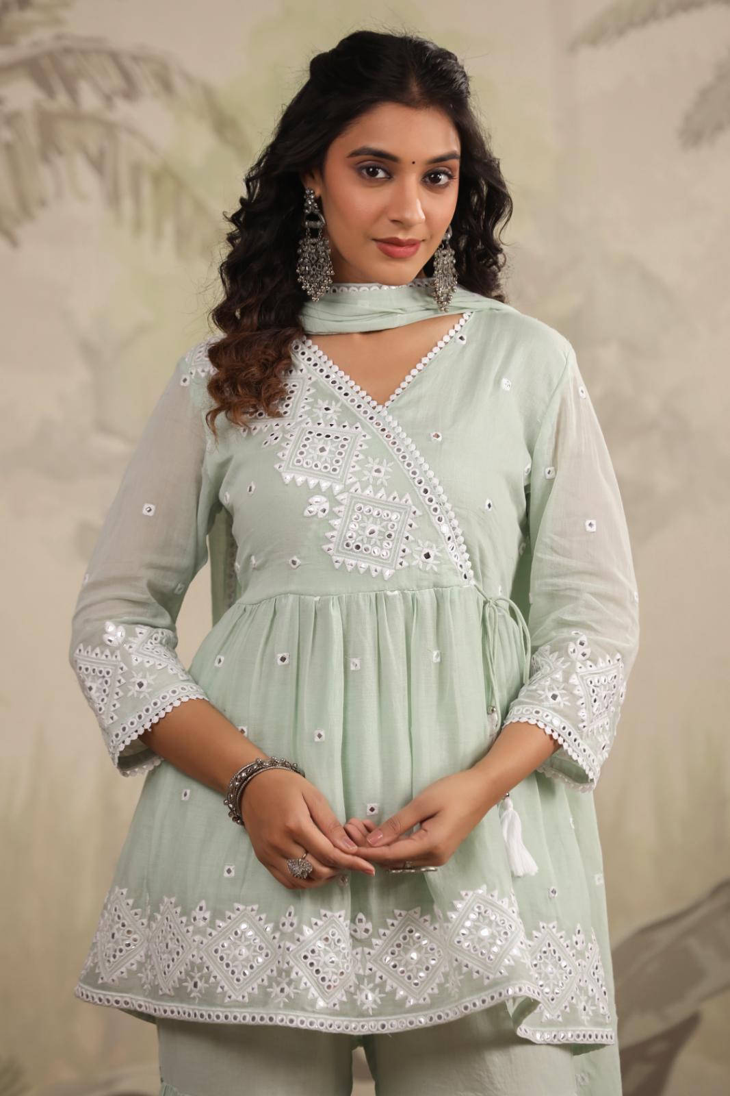 Pista Green Mulmul Mirror Embroidered Peplum Sharara Set