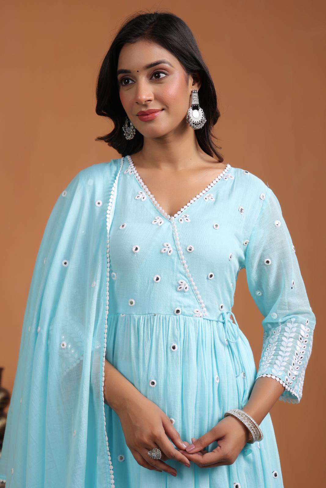 Aqua Mulmul Foilage Mirror Embroidered Angrakha Suit Set