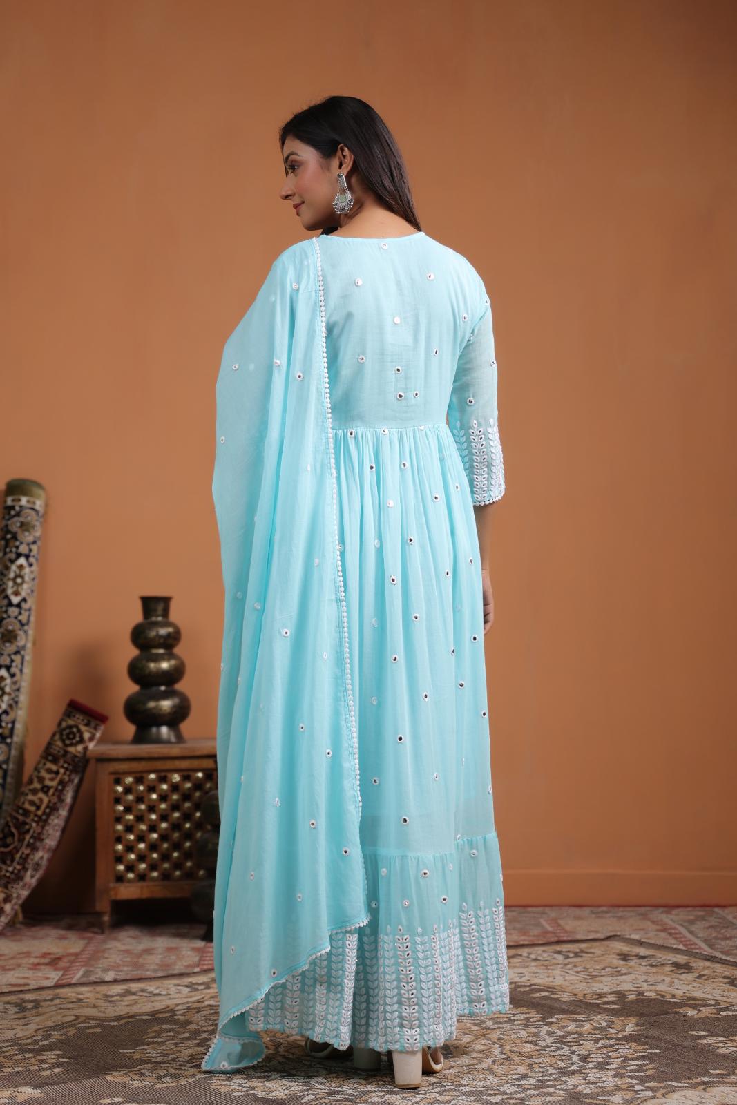 Aqua Mulmul Foilage Mirror Embroidered Angrakha Suit Set