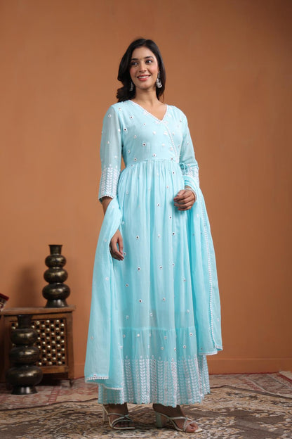 Aqua Mulmul Foilage Mirror Embroidered Angrakha Suit Set