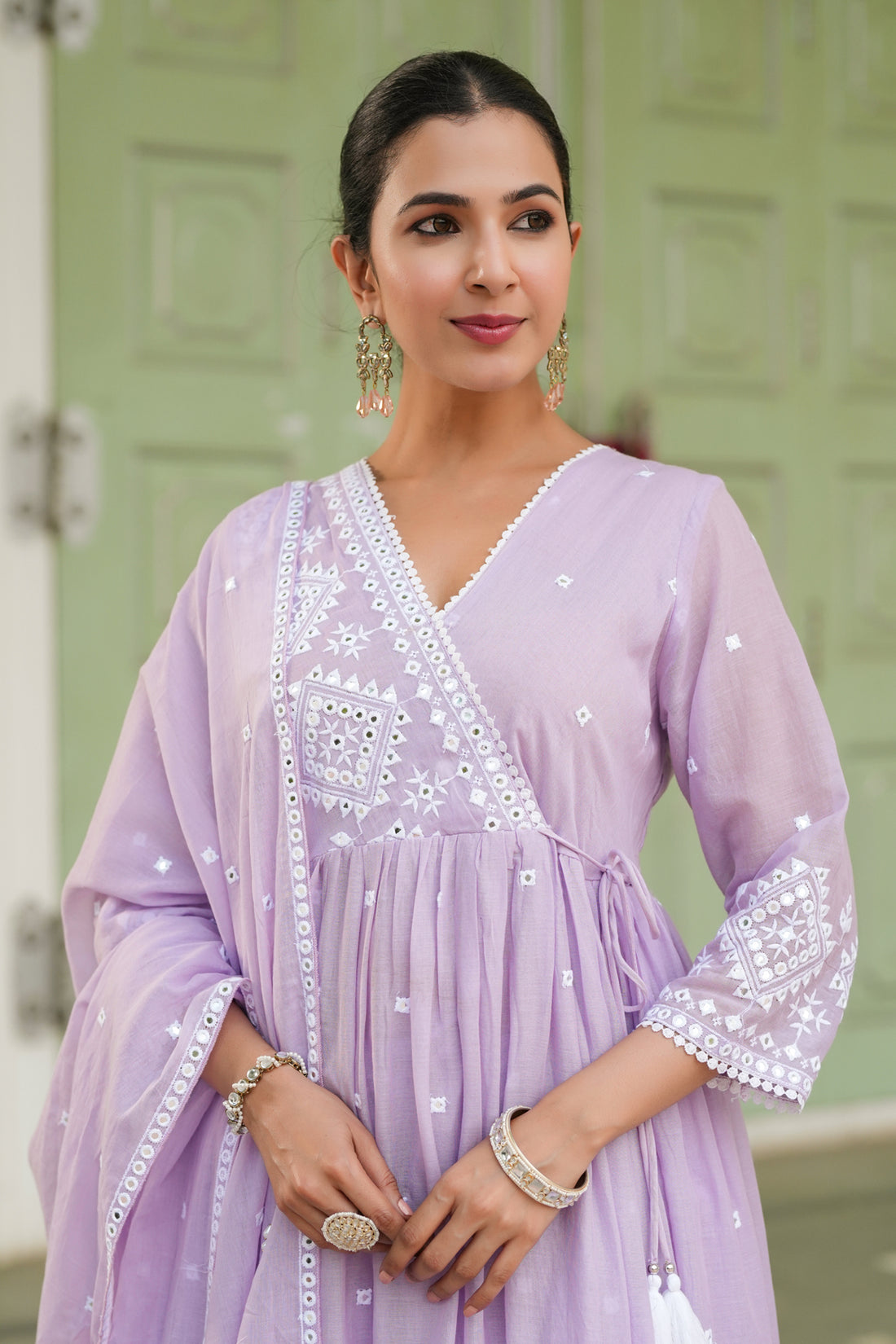 Lavender Mulmul Mirror Embroidered Angrakha Suit Set