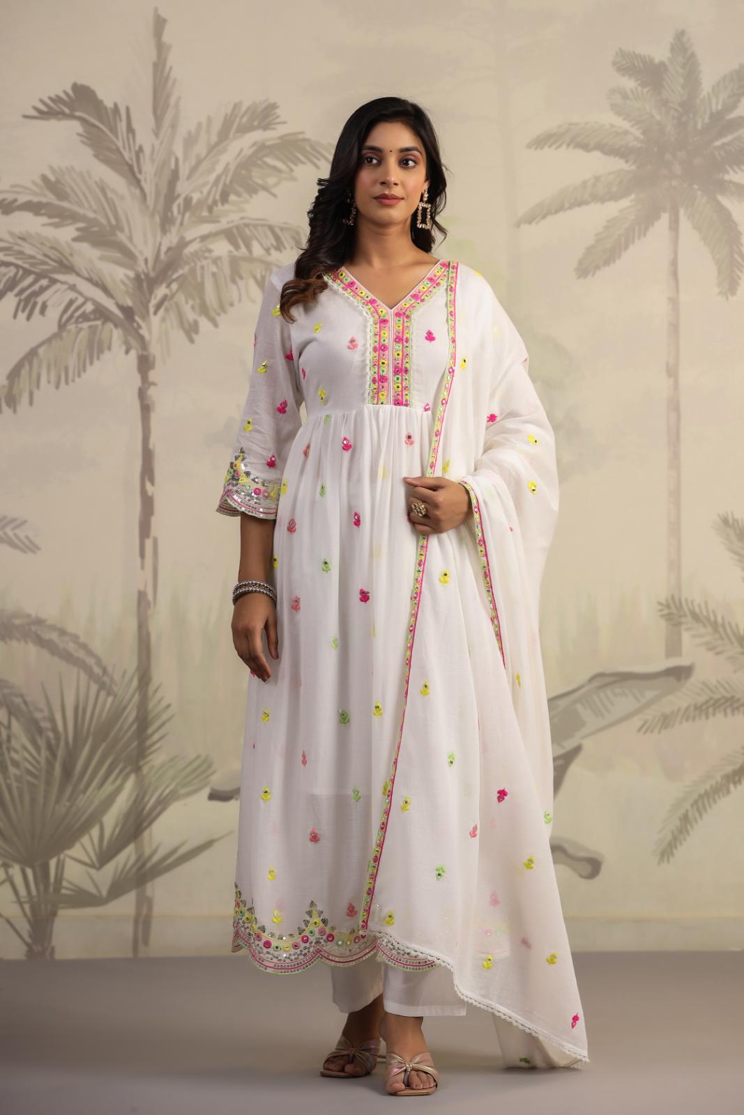 White Mulmul Multicoloured Mirror And Sequin Embroidered Anarkali Suit Set