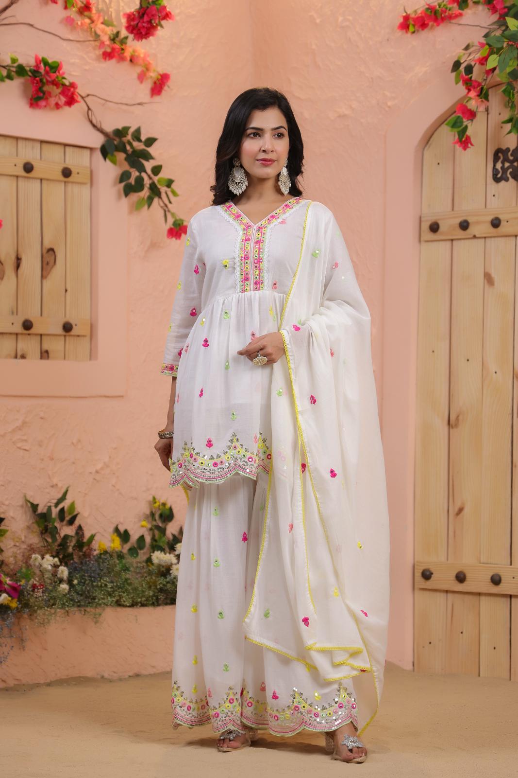 White Mulmul Mirror And Sequin Embroidered Peplum Kurta Sharara And Dupatta Se